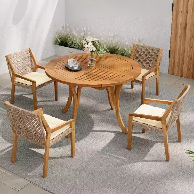 Christopher Knight Home Neva 5 Piece Outdoor Acacia Wood and Wicker Dining Set with Water-Resistant Cushions