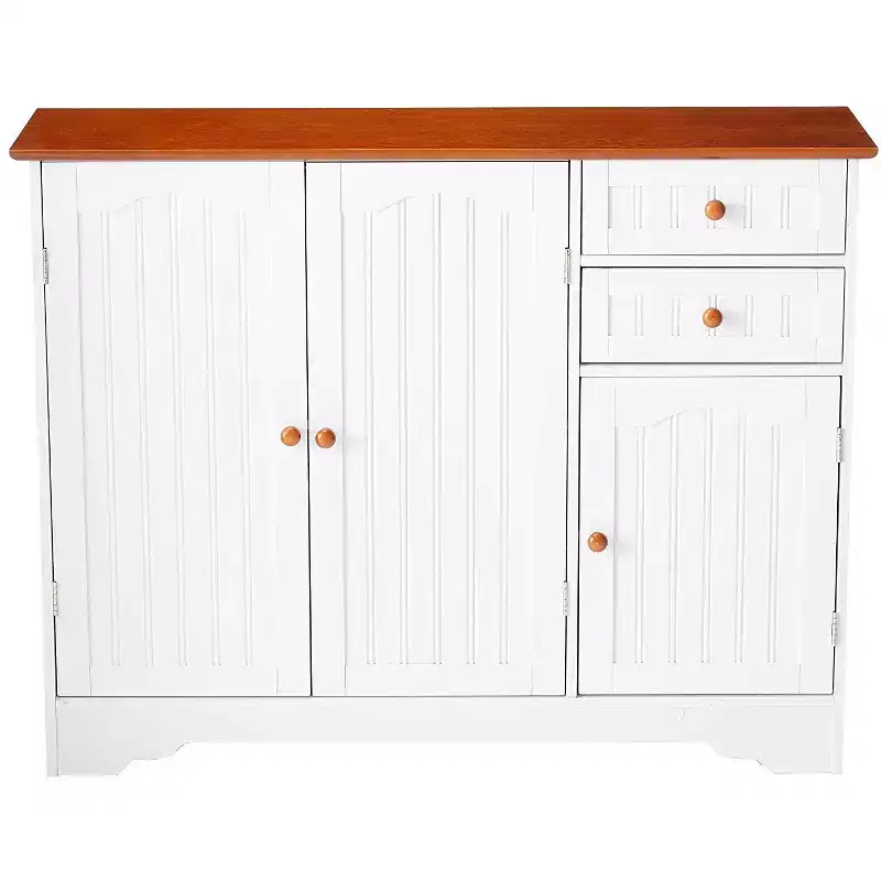 3-Door Kitchen Storage Buffet Cabinet White Walnut Wood 4 Shelves 2 Drawers