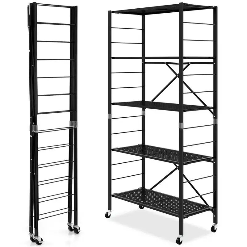 Gymax 1/2PC 5-Tier Adjustable Foldable Storage Shelves w/ Lockable Wheels for Home Office Black