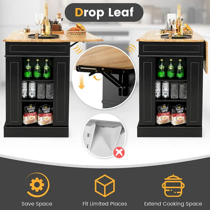 Gymax Large Kitchen Island Drop Leaf Breakfast Bar w/ Wood Top Shelves