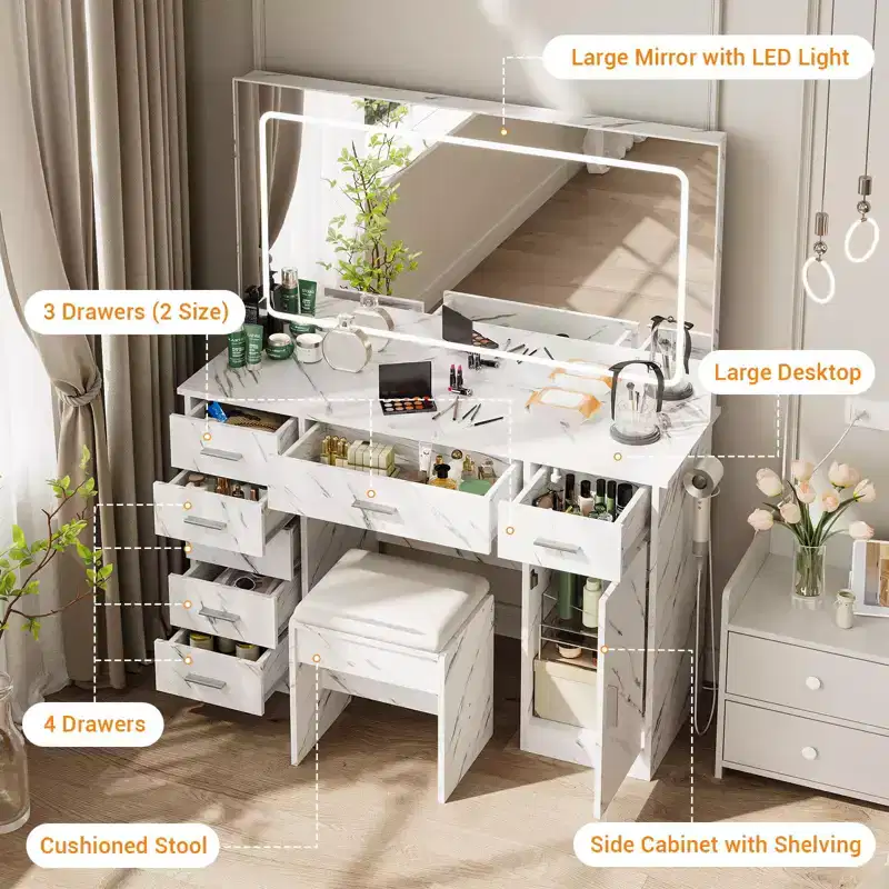 Vanity Desk with Large Mirror and Lights, Makeup Vanity with Power Outlet, 7 Drawers & Cushioned Stool, Dressing Table