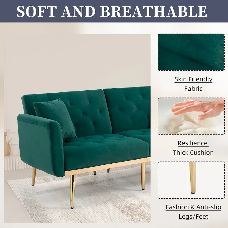 Velvet Upholstered Tufted Loveseats Sleeper Sofa With Rose Golden Legs