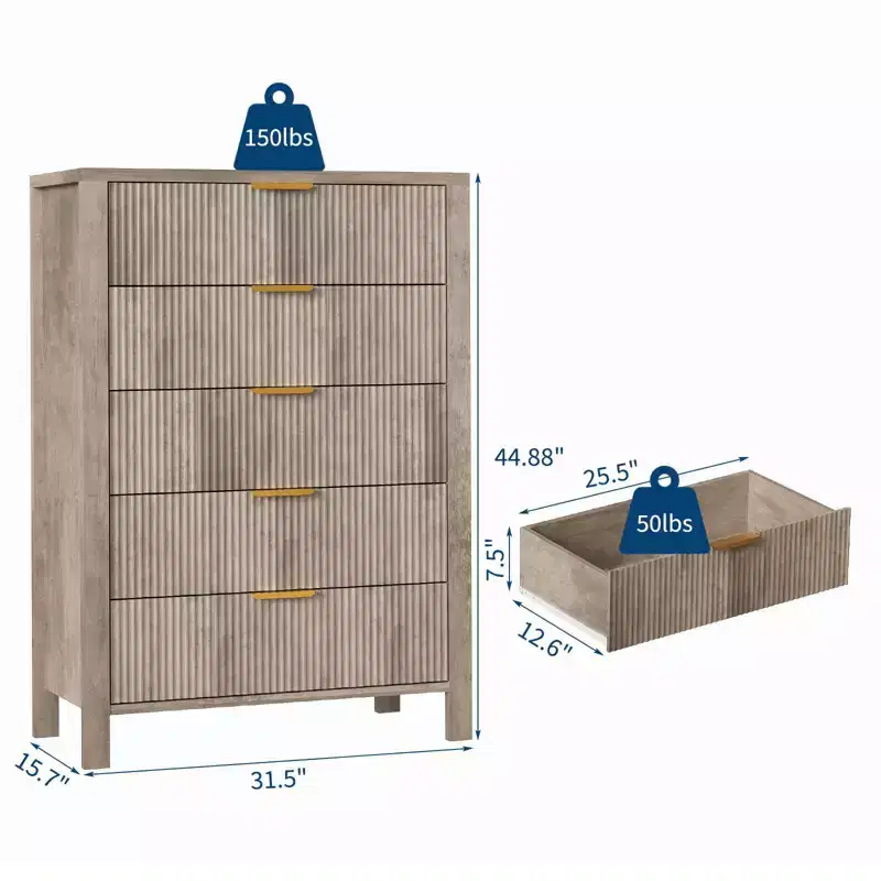 Fluted 5 Drawer Dresser, 45 Inch Tall Slim Dresser for Small Spaces, Modern Farmhouse Wooden Chest of Drawers for Bedroom Nursery Apartment