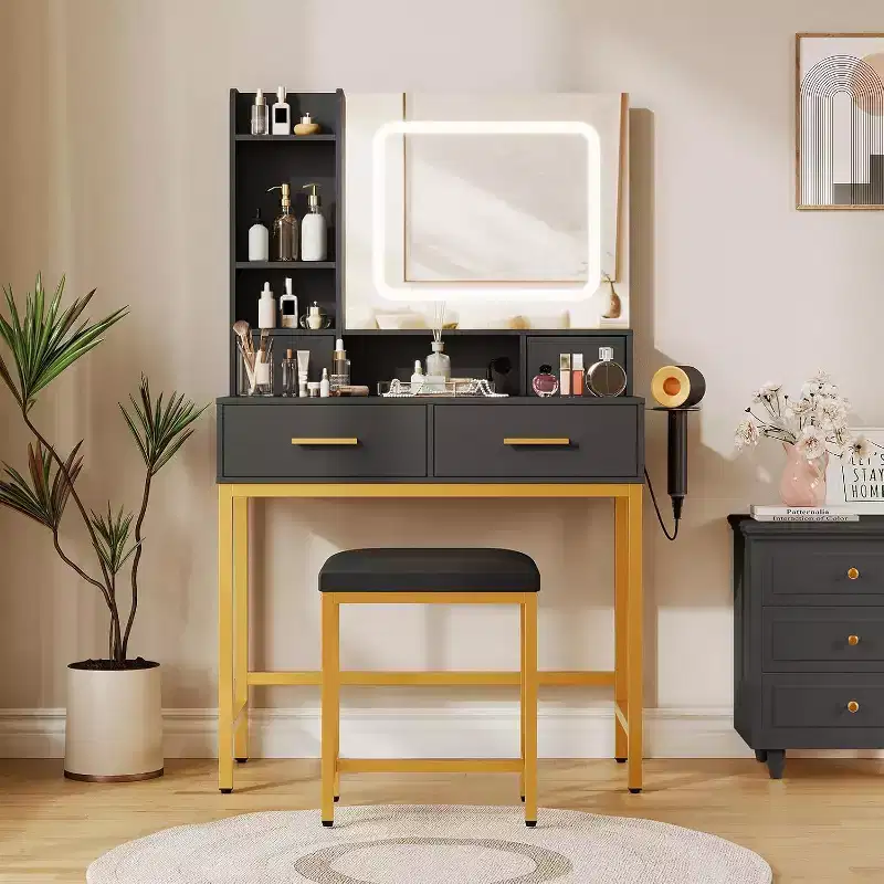 Makeup Vanity Desk with LED Mirror, 3 Lighting Modes, Power Outlet, 4 Drawers, Storage Shelves & Chair for Bedroom Living Room, Black