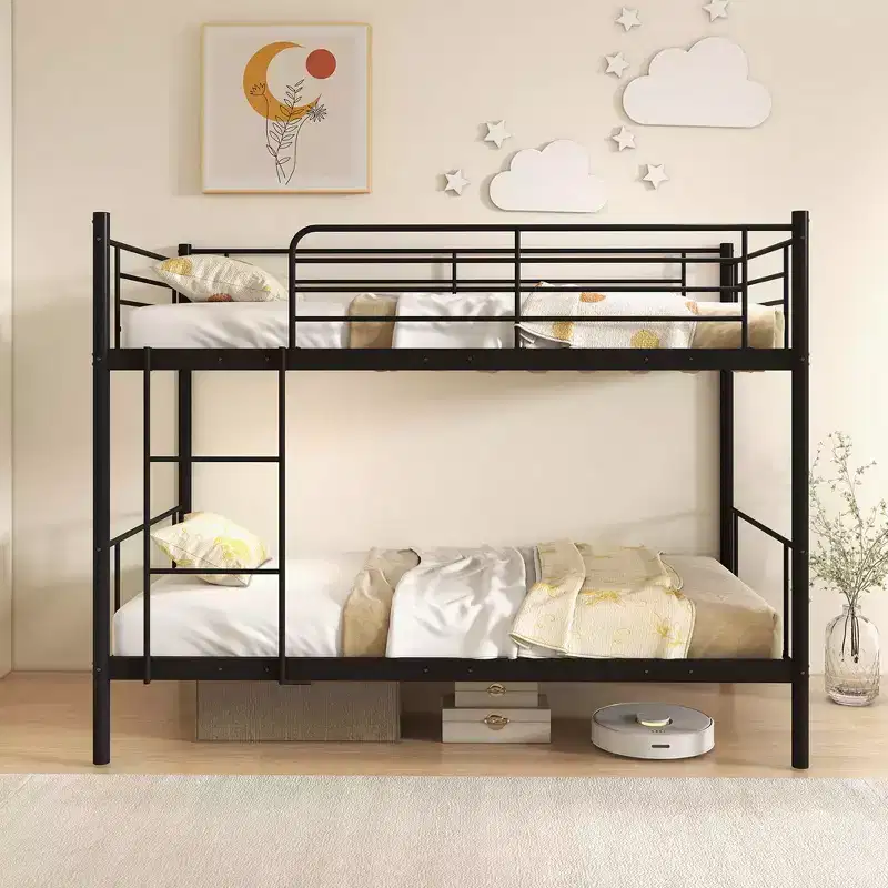 Costway Metal Twin Over Twin Bunk Bed with Built-in Ladder Safety Guardrail Black/White
