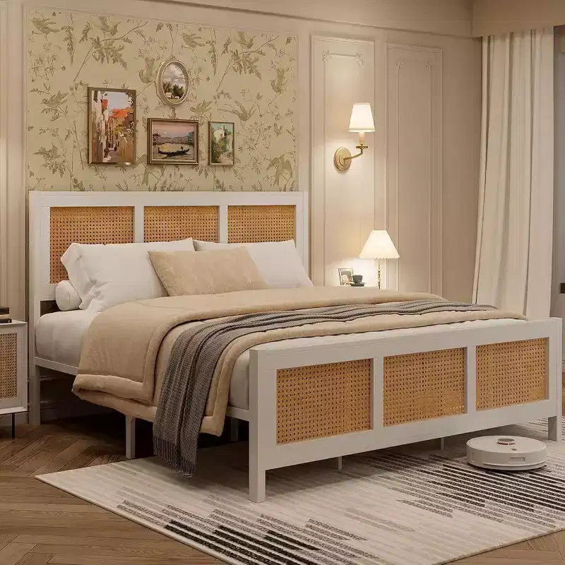 Queen Rattan Bed Frame with Headboard, White/Natural Platform Bed with Metal Slats, 14 Storage Space, No Box Spring Needed