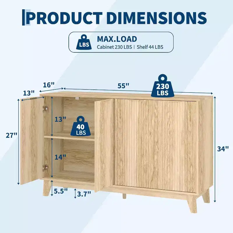 LinTimes 55 Fluted Sideboard Cabinet with Adjustable Shelves, Modern Storage for Living Room, Kitchen, Entryway