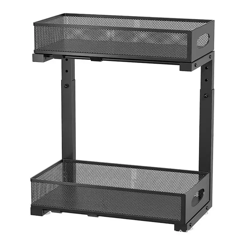 GustoWave Under Sink Storage Kitchen Organiser Carbon Steel 2-Tier Pull Out Under Sink Storage Basket Height Adjustable Kitchen Cabinet Organizer