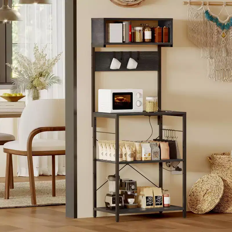 Bakers Rack With Power Outlet,Small Coffee Bar Cart,Microwave Stand With 10 Hooks,4 Tiers Kitchen Storage Shelf Rack