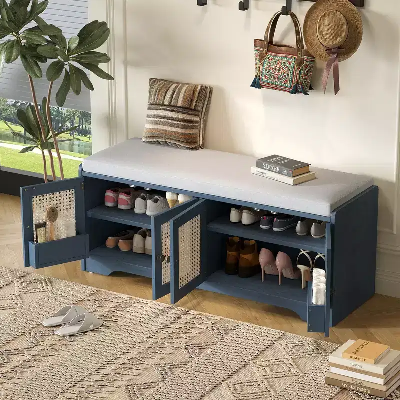 Whisen Rustic Wood Storage Bench, Entryway Shoe Bench with Removable Cushion, Adjustable Shelves