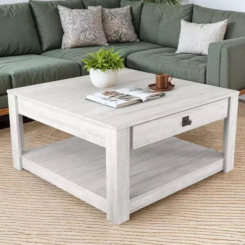 Square Wood Coffee Table with Drawer and Open Shelf - 31.5