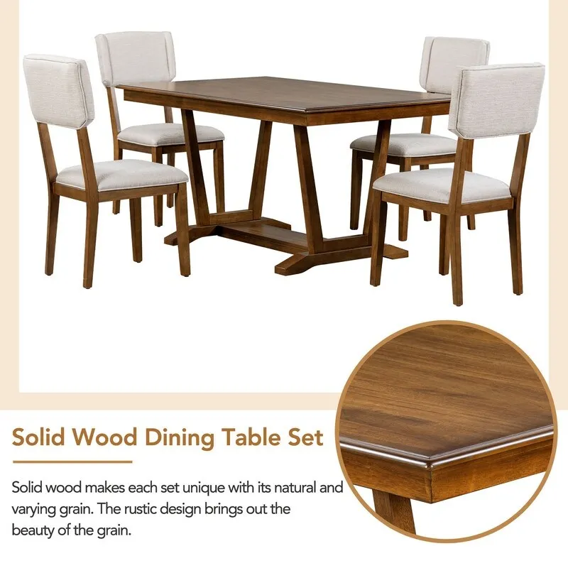 Rustic 5-piece Dining Table Set with 4 Upholstered Chairs, 59-inch Rectangular Dining Table with Trestle Table Base