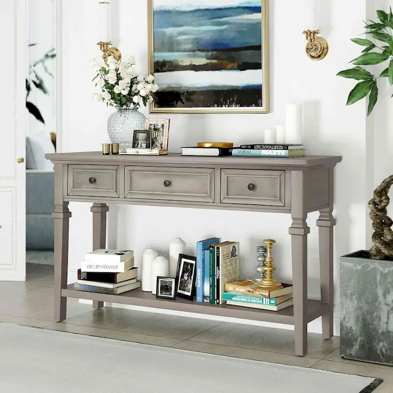 Retro Style Console Table with 3 Drawers and Open Bottom Shelf - Gray Wash
