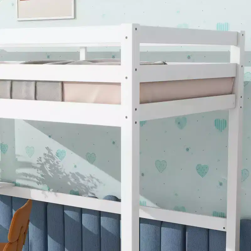 MAYEERTY Twin High Loft Bed, Rubber Wood Loft Bed with Safety Guardrail, Bulit-in Desk White