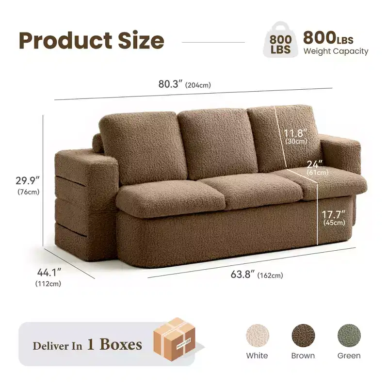 3 Seater Folding Sofa Bed, Memory Foam Sofa Couch With Pillows, High Density Foam Mattress for Living Room, Brown
