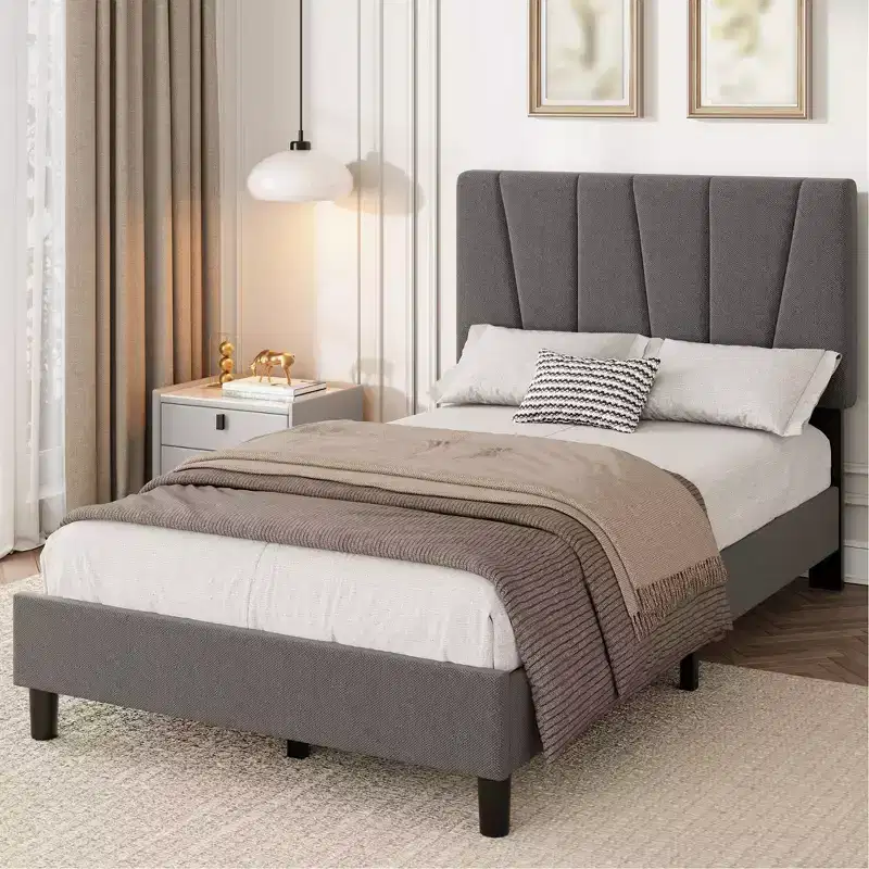 Twin Size Bed Frame with Adjustable Headboard, Linen Upholstered Platform Bed with Wooden Slats Support, No Box Spring Needed, Easy Assembly, Grey