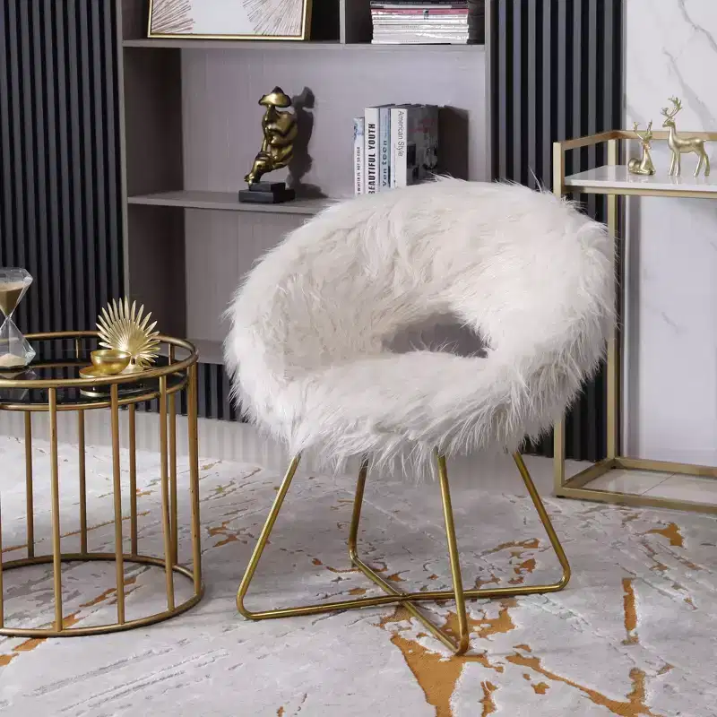 TUYOHW Faux Fur Accent Chair,Upholstered Barrel Chair with Gold Tone Sled Base,Non-Scratch Foot Caps,Modern Lounge Armchair for Living Room,Bedroom