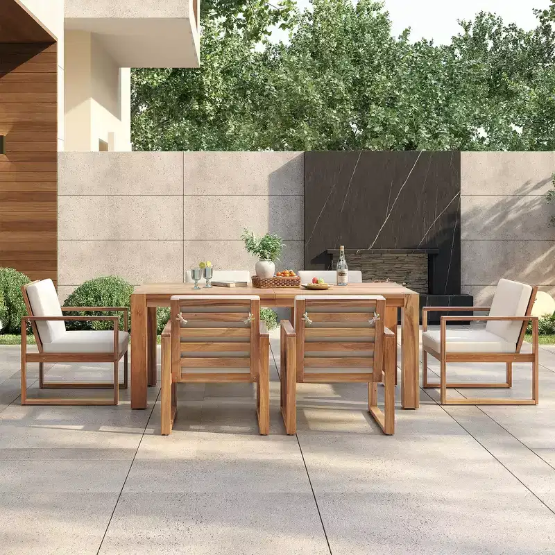 Whisen 7 Piece Acacia Wood Patio Dining Sets Outdoor Dining Set - Seats 6 with Removable Cushions, Outdoor Furniture Set with Umbrella Hole