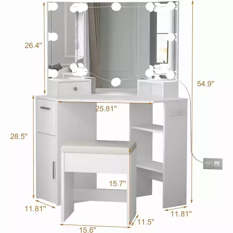 1 SET 15MM PB Corner Makeup Vanity with Dressing Table and Stool, 12 Self-Adhesive Three-Level Light Bulbs, Three-Sided 3mm Aluminum Mirror