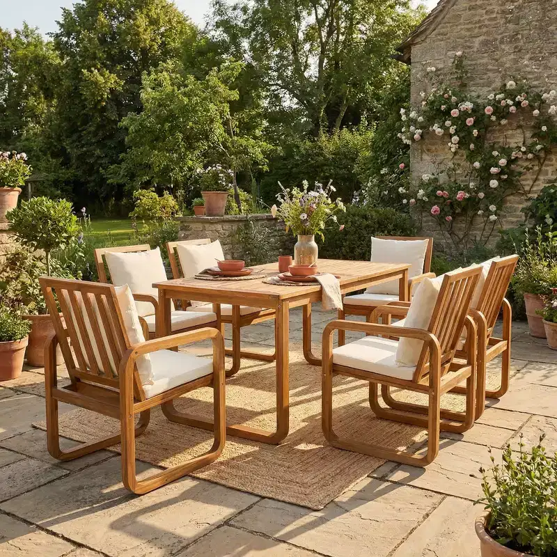 Whisen 7-Piece Outdoor Wood Dining Set, Patio Kitchen Garden Dining Seating Set, Rectangle Dining Table & 6 Chairs with Removable Cushions