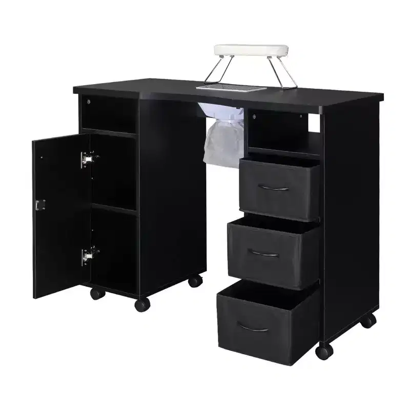 Karlhome Black Manicure Table Nail Desk for Nail Tech with Dust Collector, Wrist Cushion, Storage Cabinet and Drawers