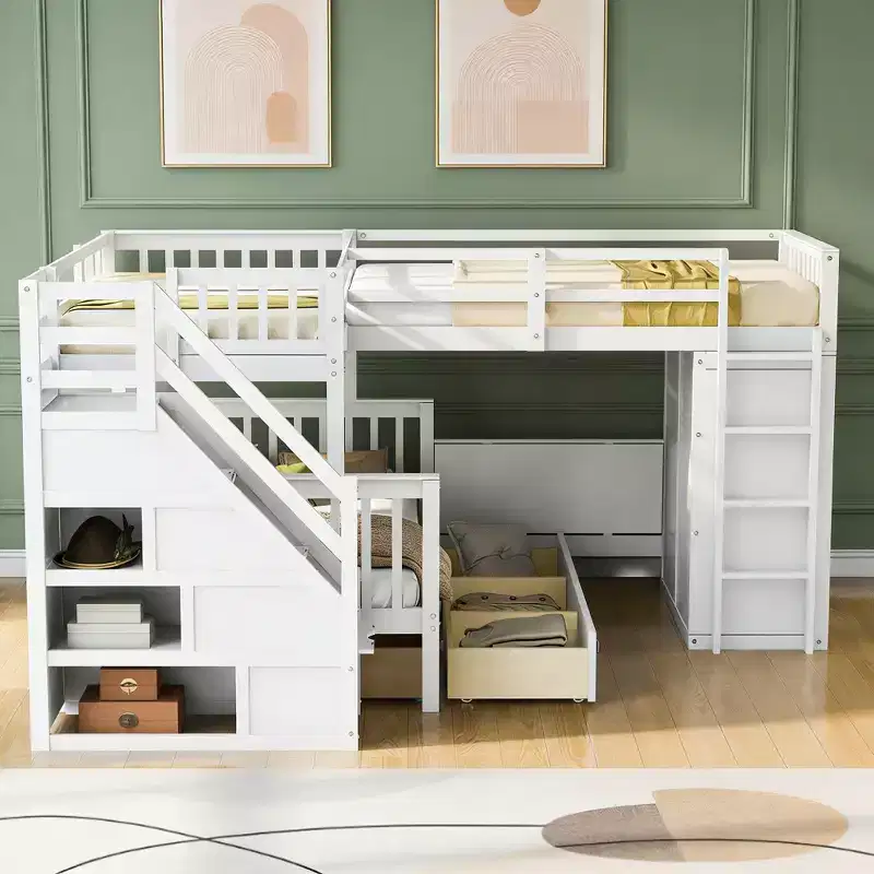 Luxystar Twin Over Twin Over Full L-shaped Bunk Bed With Drawers, Desk, Shelves and Armoire