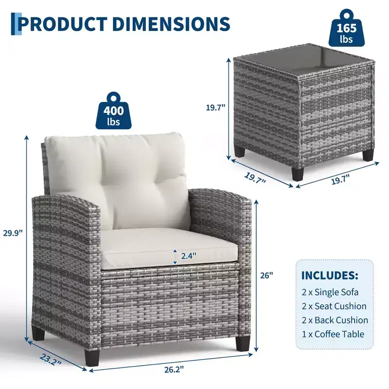 3 Piece PE Rattan Patio Furniture Set, Outdoor Chairs and Table Set with Tempered Glass Tabletop and Cushions, Patio Conversation Set for Patio