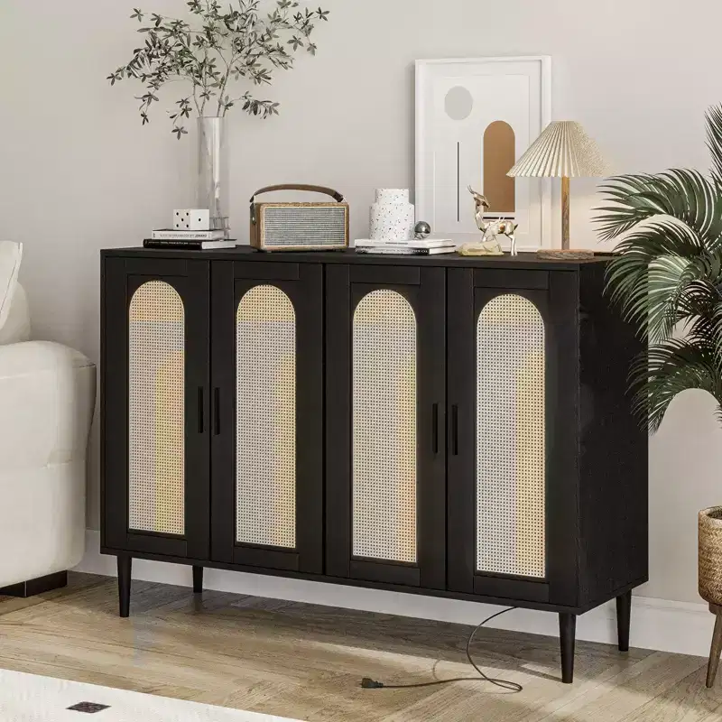 Wood Sideboard With 4 Doors, Rattan Sideboard Buffet Cabinet, For Entryway, Hallway, Dining Room, Living Room,