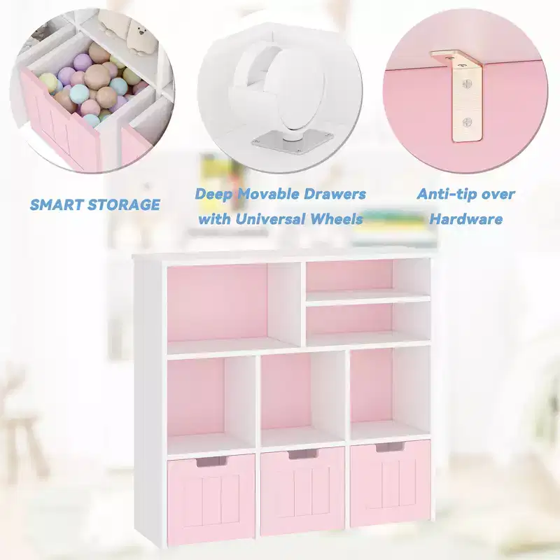 Kids Bookshelf with 3 Removable Drawers and 6 Storage Cabinets, Toddler Bookcase Toy Storage for Bedroom, Playroom, Nursery