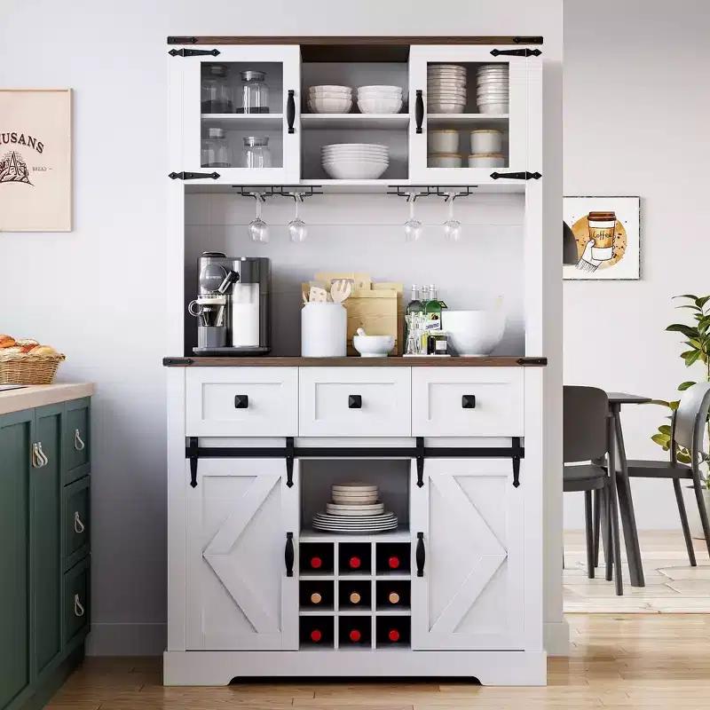 Wood 2-Sliding-Door Coffee Bar Cabinet with Wine Rack and 3 Drawers 72