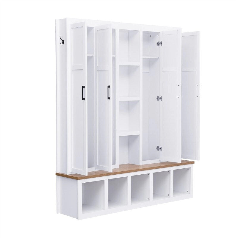 Farmhouse 4-in-1 Hall Tree with Open Display Shelves, Mudroom Shoe Bench with Open Compartments, Entryway Coat Rack with 6 Hooks