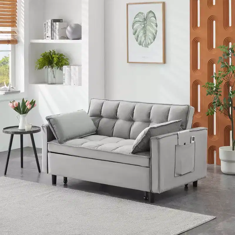 Modern Velevt Loveseat Sleeper Sofa Couch Pull Out Bed with Toss Pillows Pockets for Living Room Bedroom Gray