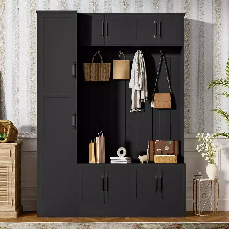 79IN Modern Hall Tree with 6 Cabinets and 4 Coat Hooks, Coat Rack with Shoe Storage Bench and Adjustable Shelf for Hallway, Living Room, Black