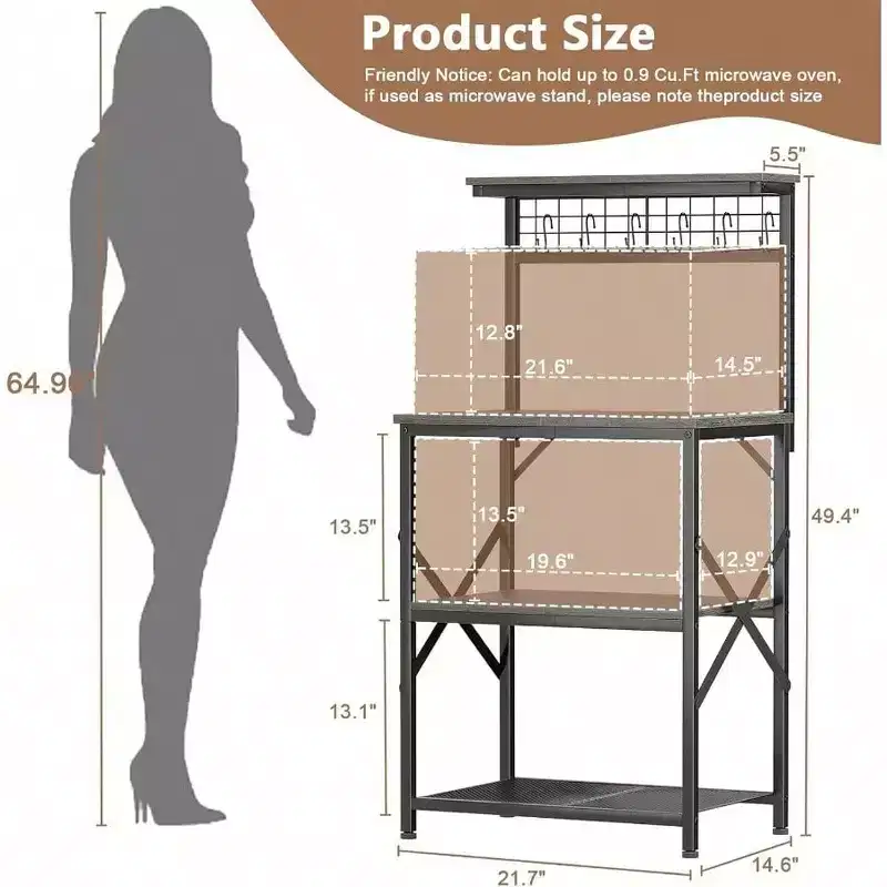 Kitchen Bakers Rack Microwave Stand 4 Tiers Coffee Bar Station with 6 S Hooks Pegboard Black Oak Storage Shelves for Spices