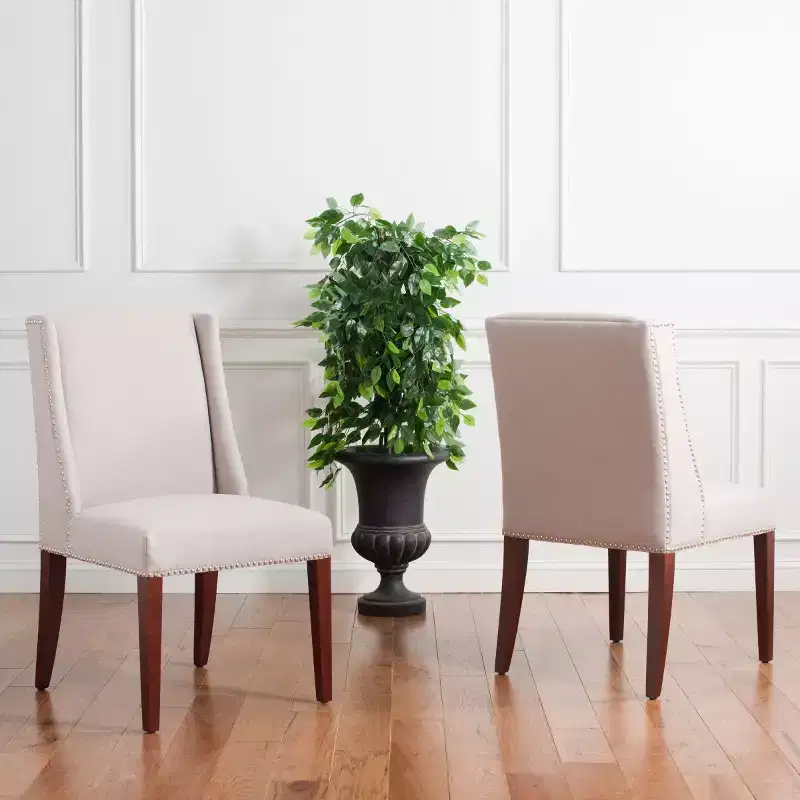 Taupe Linen Armless Dining Chair, High Back, Nailhead Trim – Set of 2