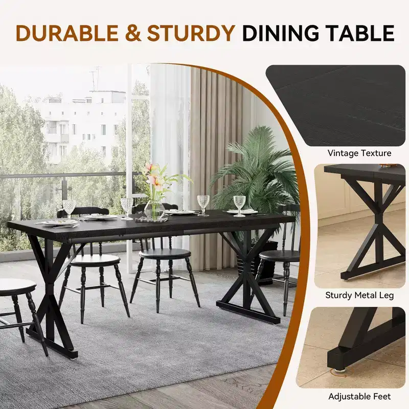 Dyonery Farmhouse Dining Table for 6 People, 70.8 Inch Rectangular Wood Dining Table with Extra Heavy Duty Metal Legs