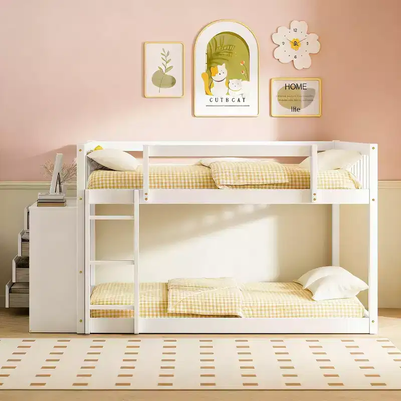 Modern Full over Full Bunk Bed with 4 Drawers and 3 Shelves, Solid Pine Wood