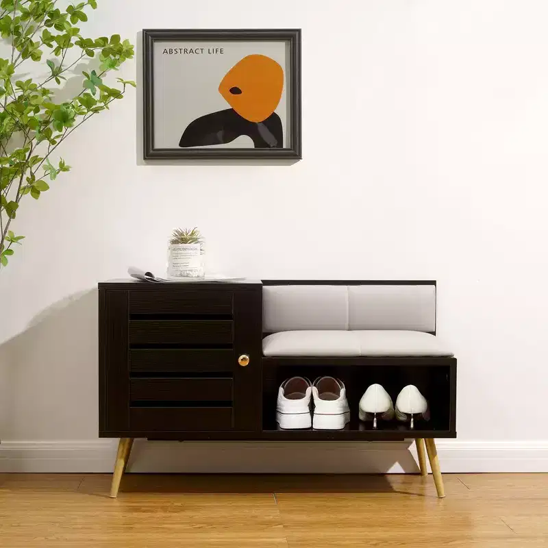 Shoe Bench with Storage for Entryway, Removable Padded Cushion, Louvered Door