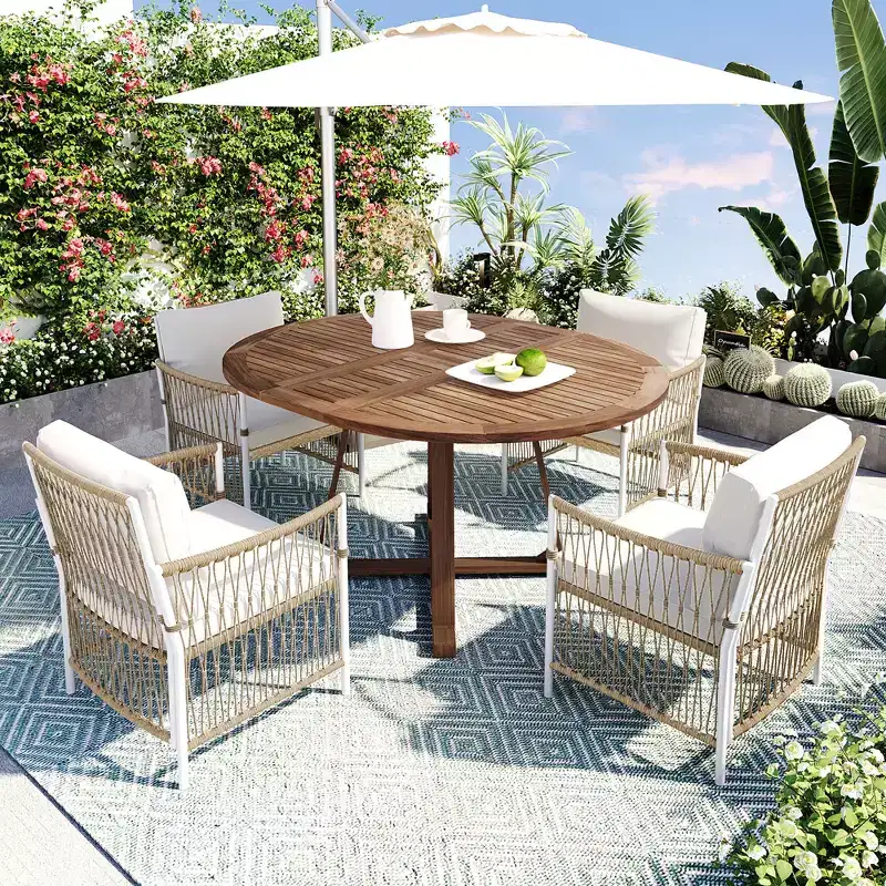 GDFStudio Eden Modern 5 Piece Patio Extendable Wooden and Iron Dining Table Set