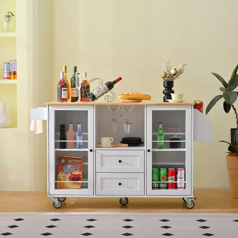 Kathleen Modern 47.6 Wood Mobile Kitchen Island Storage Trolley Cart with Dropleaf Top