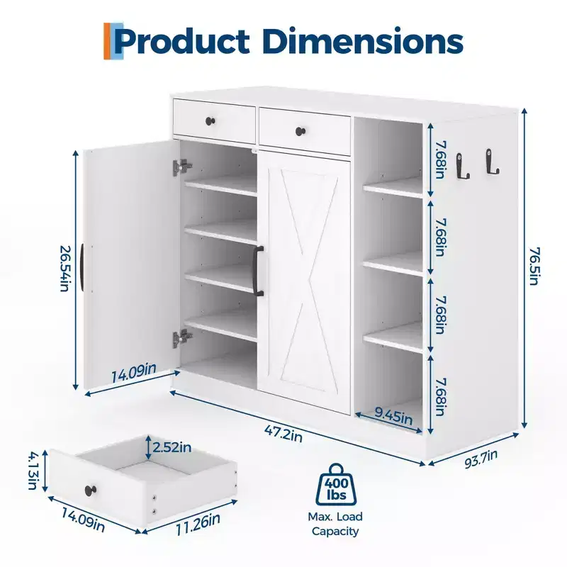 Shoe Storage Cabinet, Modern Farmhouse Shoe Rack Organizer with 6 Adjustable Shelves & 2 Drawers, Freestanding Entryway Cabinet for Living Room