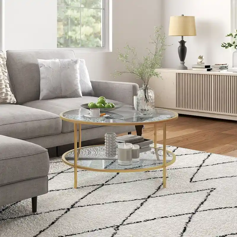 Side Table with Storage, 32 Round End Table, 2-Tier Tempered Glass Coffee Table with Steel Frame