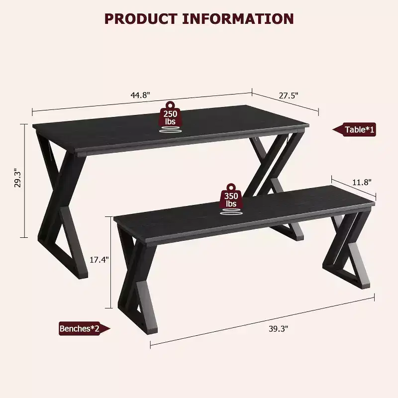 Dining Table Set with Benches,Kitchen Table Set for 4,Sturdy Metal Frame,Saving Space Dining Room Table Set for Apartment,Kitchen,Dining Room