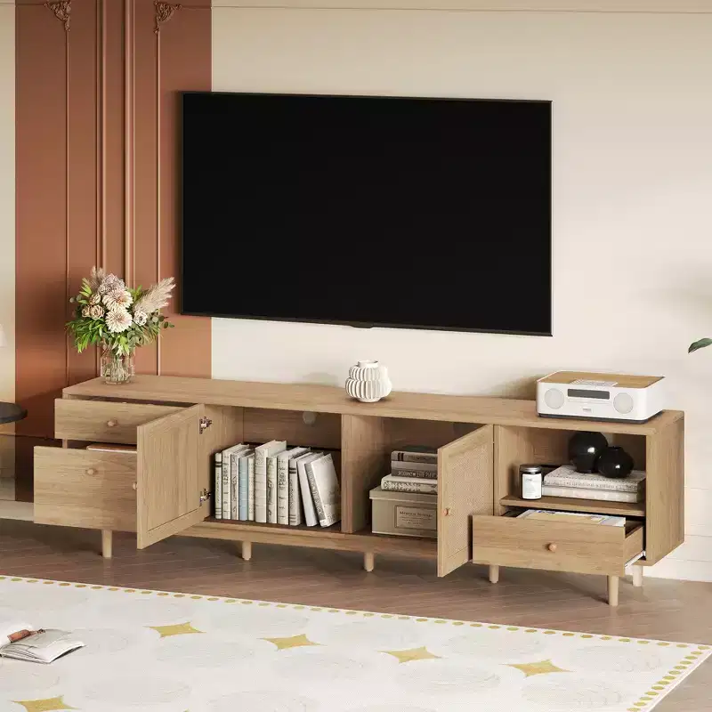 GDFStudio Danny Boho TV Stand with Rattan Woven Doors, Open Storage and Drawers