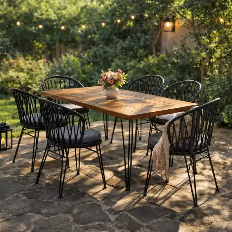 Christopher Knight Home Anne Boho 7 Piece Outdoor Acacia Wood Slatted Dining Table with Rattan Cushioned Chairs