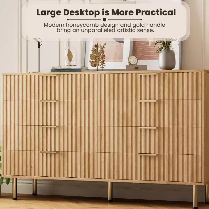 Fluted 8-Drawer Dresser  54 Wide Double Chest with Deep Drawers, Wooden Storage Organizer & TV Stand