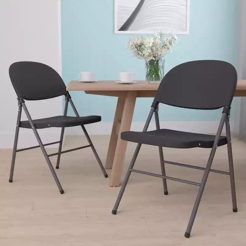 Heavy-Duty Plastic Folding Chairs – Set of 2, 330 lb Capacity, Charcoal Frame