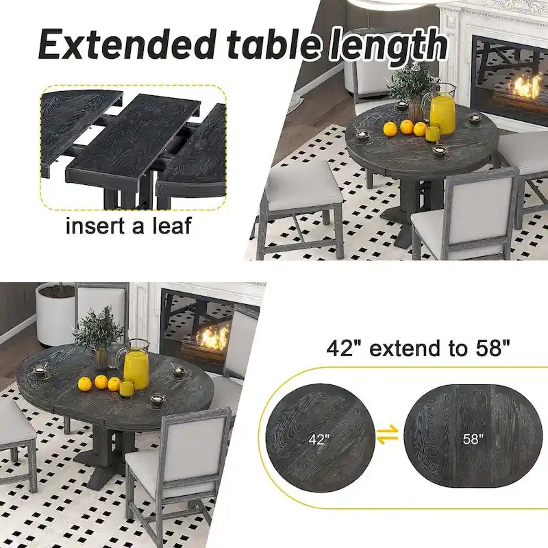 Wooden Round Drop Leaf Extendable Dining Table Set with 4 Upholstered Chairs