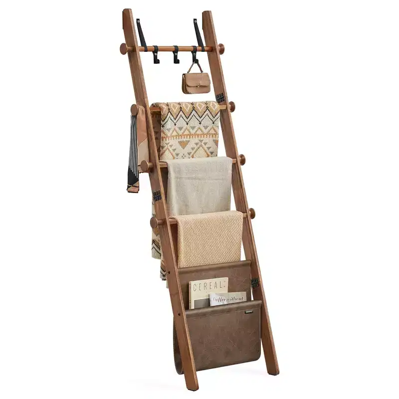 Blanket Ladder, 5-Tier Wooden Ladder Shelf, Decorative Farmhouse Blanket Rack with Synthetic Leather Bag, Metal Hooks, Cream White