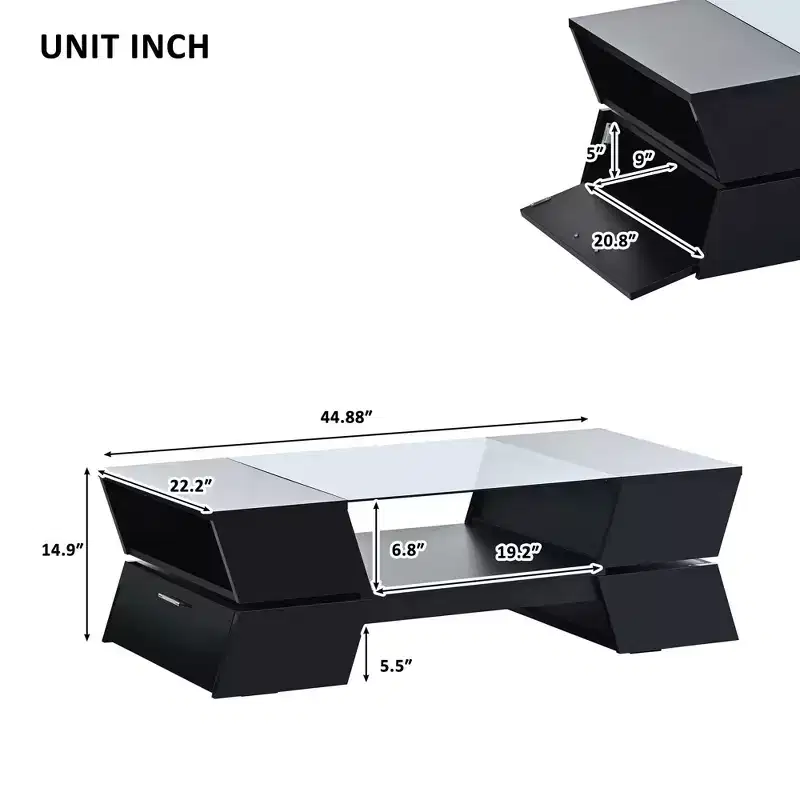 Coffee Table with Open Shelves and Cabinets, Glass-Top Coffee Table, Geometric Style Cocktail Table for Living Room